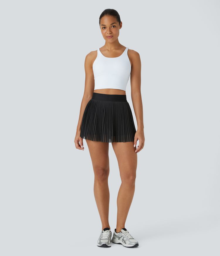 Mini Jupe de Tennis 2 en 1 Taille Haute avec Poches Latérales Plissée et en Maille Contrastante