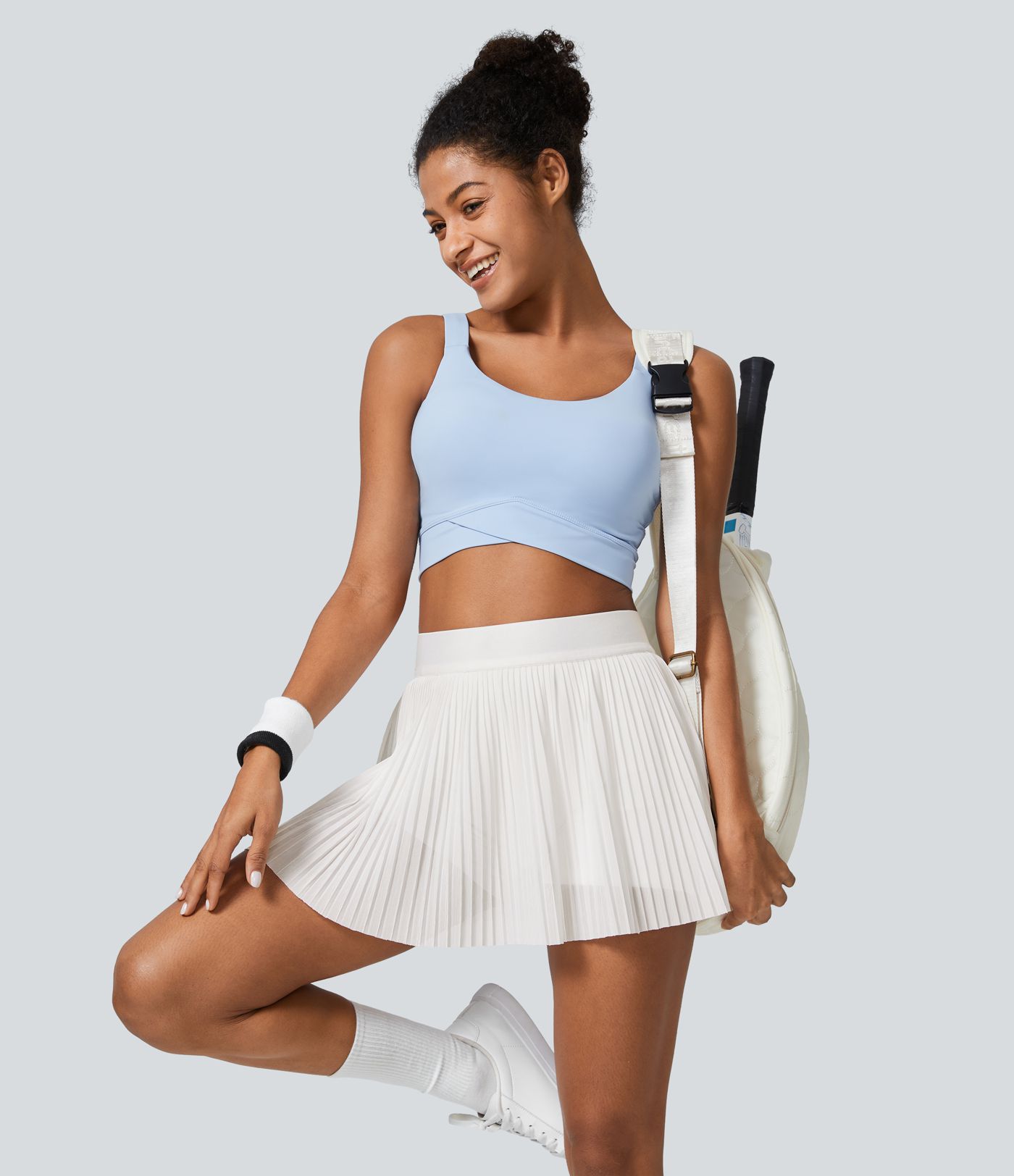 Minifalda tenis plisada malla contrastante bolsillo lateral 2 en 1 tiro alto