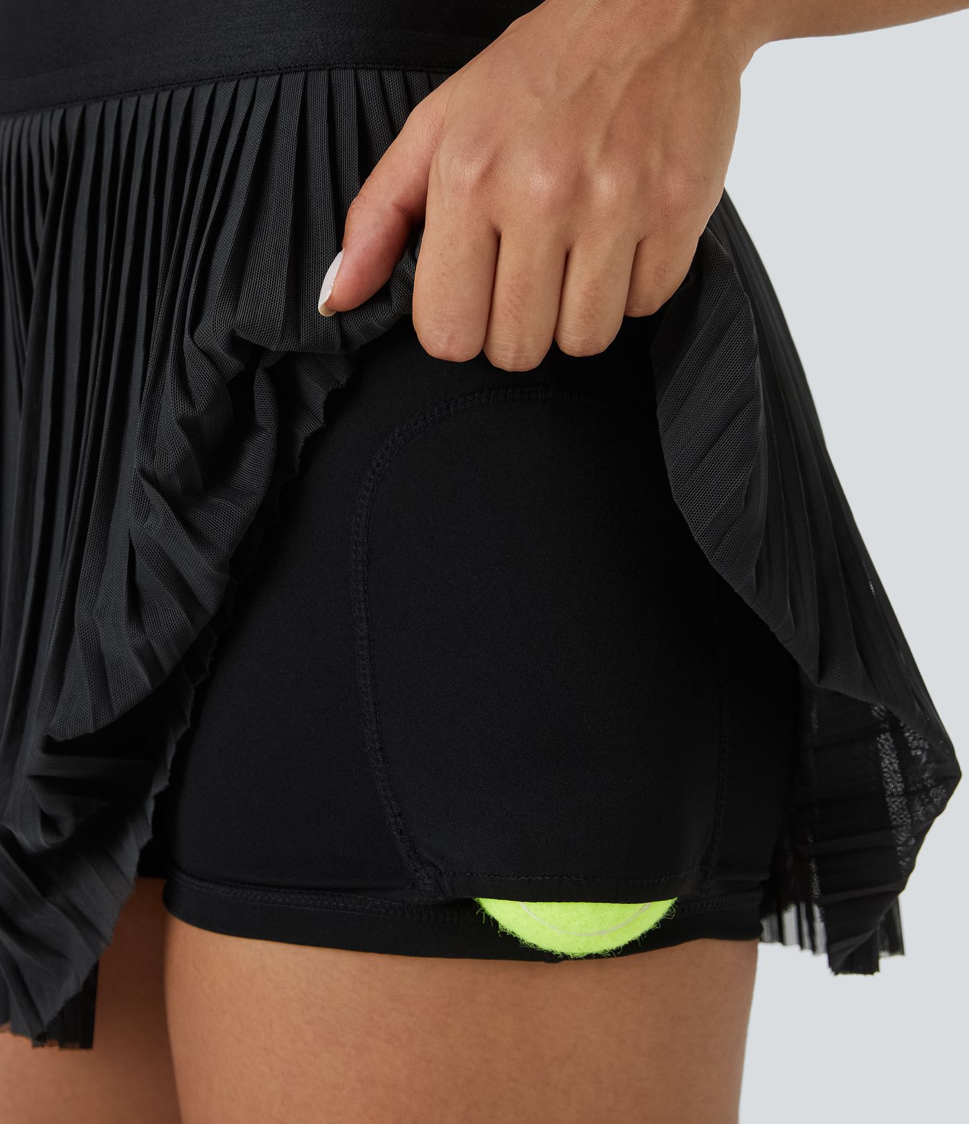 High Waisted 2-in-1 Side Pocket Contrast Mesh Pleated Mini Tennis Skirt