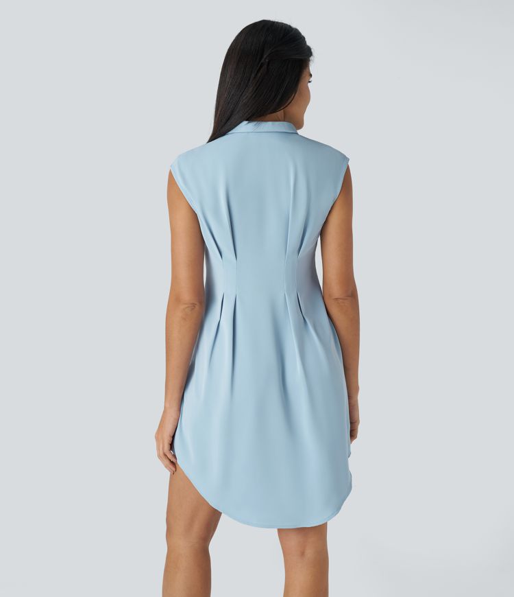 Collared Button Sleeveless Curved Hem Mini Work Shirt Dress