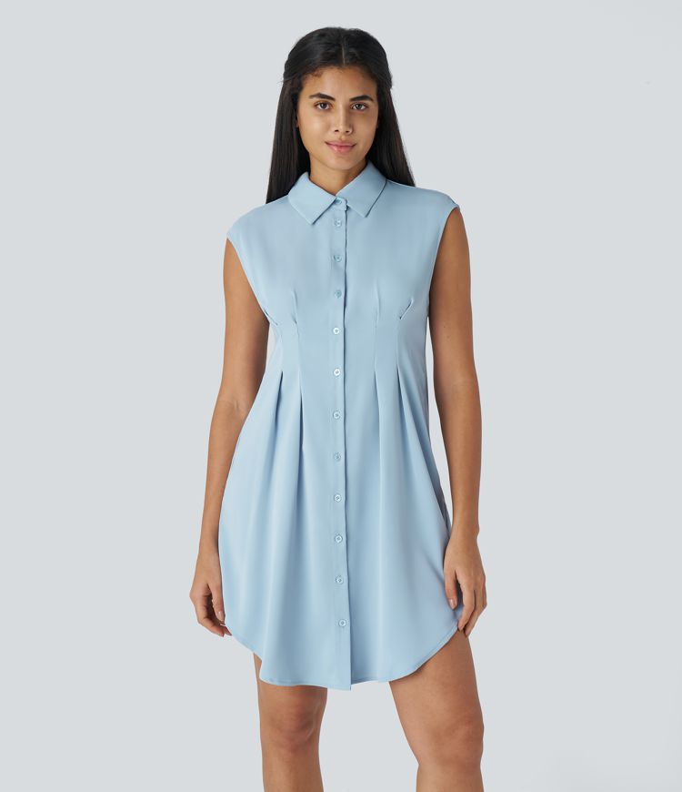 Sleeveless Curved Hem Mini Work Shirt Dress