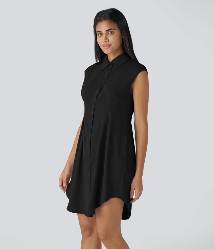 Robe Chemise de Travail Mini à Col Boutonné Sans Manches Ourlet Courbé et Plissé