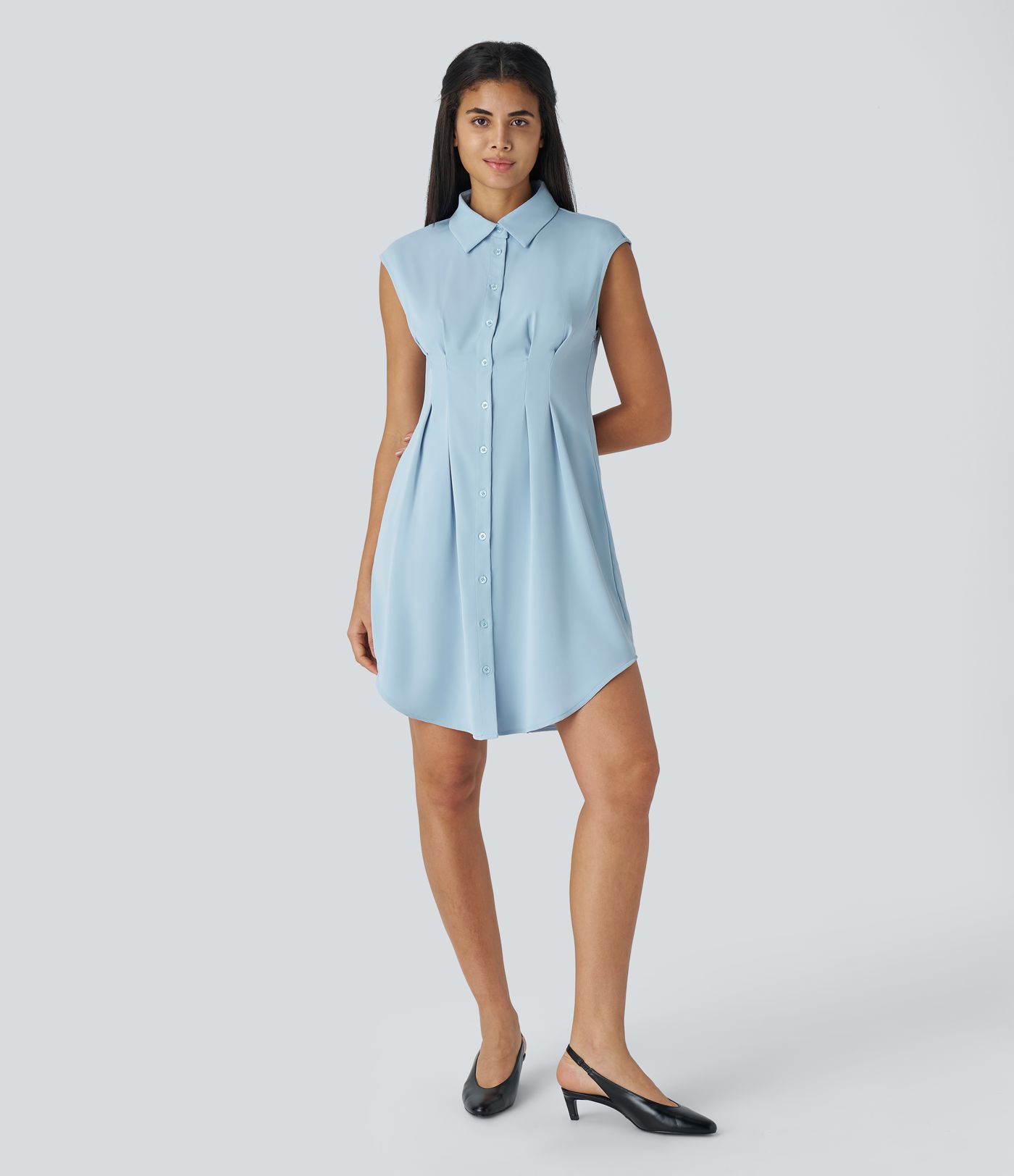 Sleeveless Curved Hem Mini Work Shirt Dress