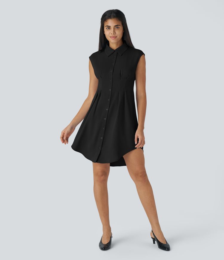 Robe Chemise de Travail Mini à Col Boutonné Sans Manches Ourlet Courbé et Plissé