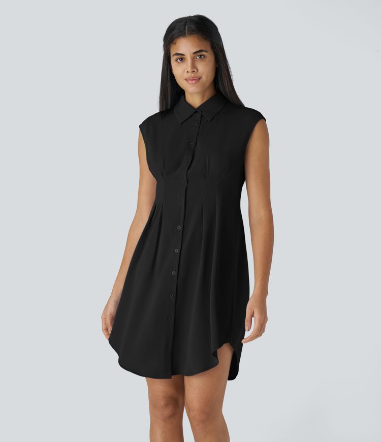 Robe Chemise de Travail Mini à Col Boutonné Sans Manches Ourlet Courbé et Plissé