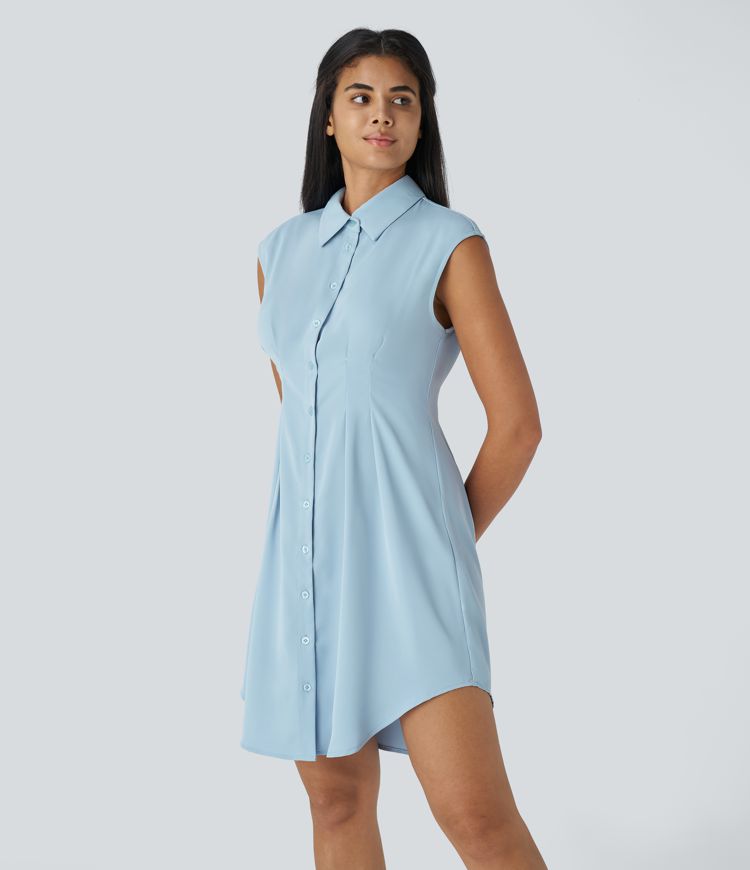 Collared Button Sleeveless Curved Hem Mini Work Shirt Dress