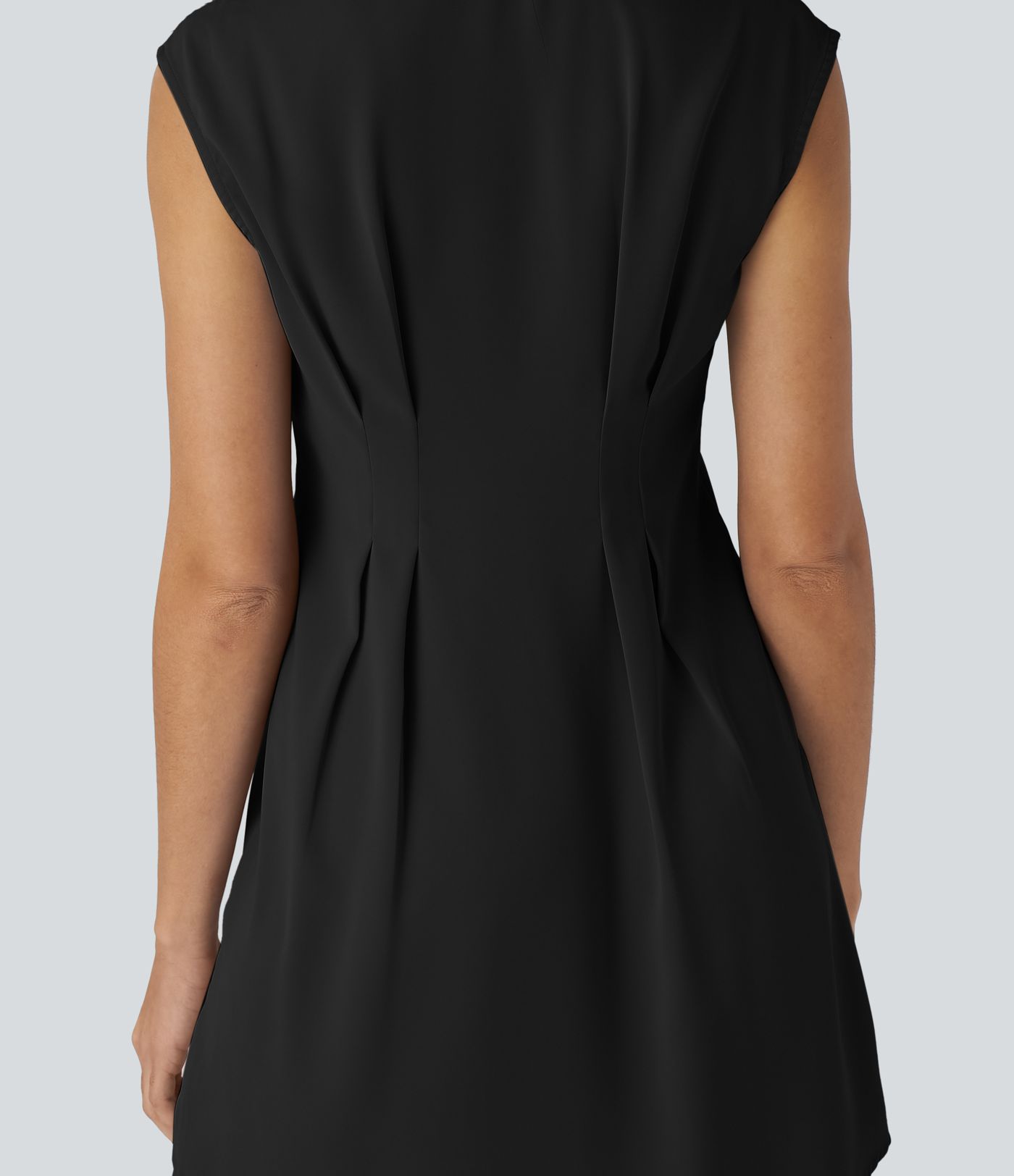 Robe Chemise de Travail Mini à Col Boutonné Sans Manches Ourlet Courbé et Plissé