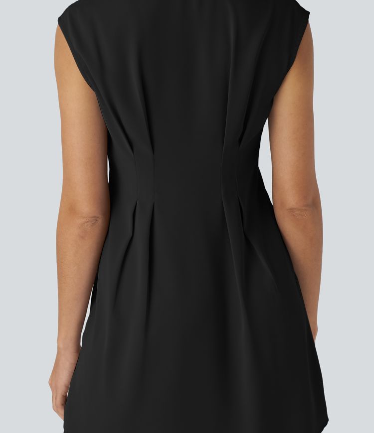 Robe Chemise de Travail Mini à Col Boutonné Sans Manches Ourlet Courbé et Plissé