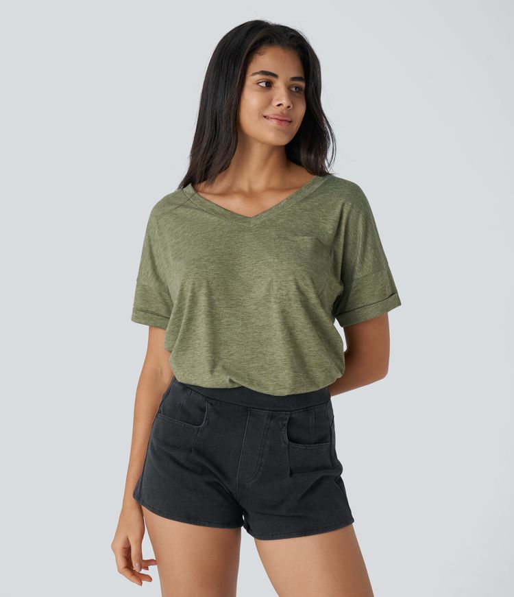 V Neck Short Sleeve Pocket Casual Top