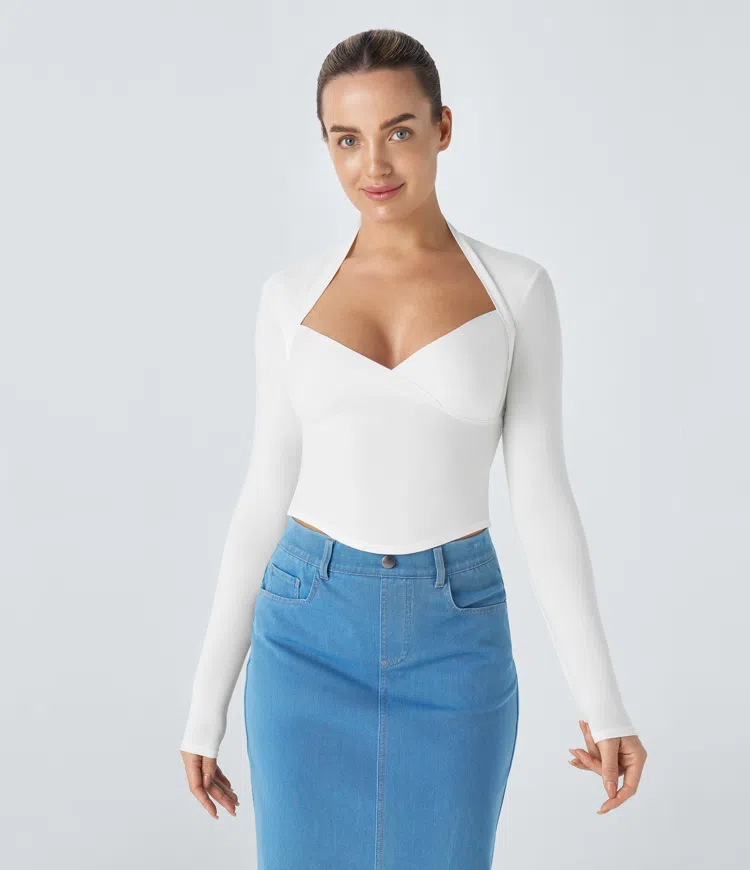 Queen Anne Neck Cut Out Curved Hem Slim Casual Top