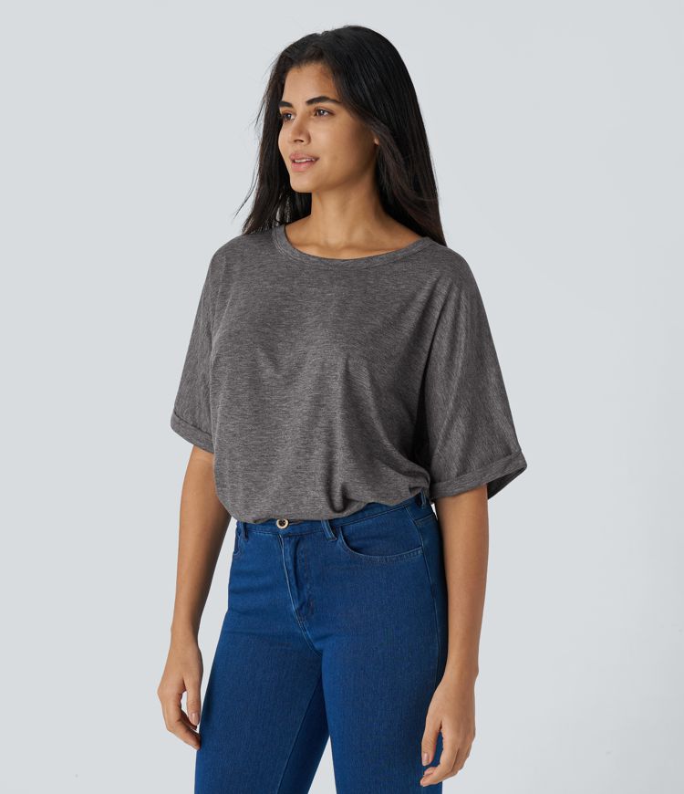 Dropped Shoulder Roll Up Sleeve Oversize Casual Top