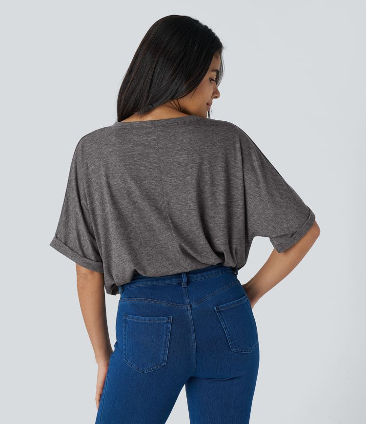 Dropped Shoulder Roll Up Sleeve Oversize Casual Top