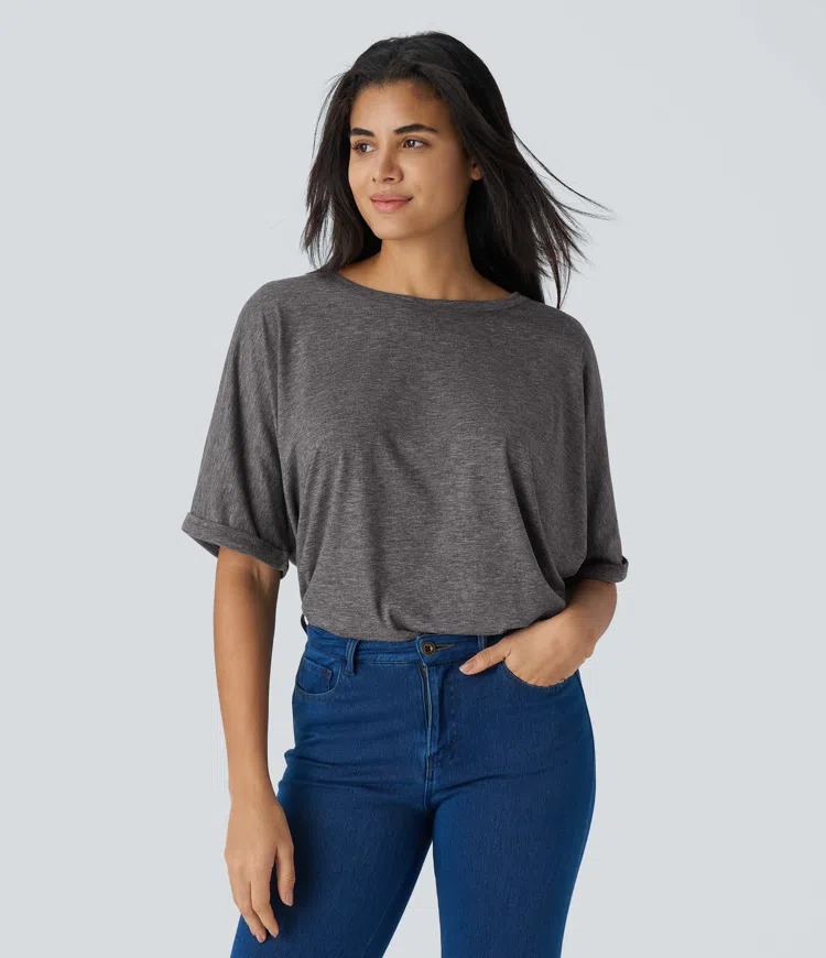 Dropped Shoulder Roll Up Sleeve Oversize Casual Top