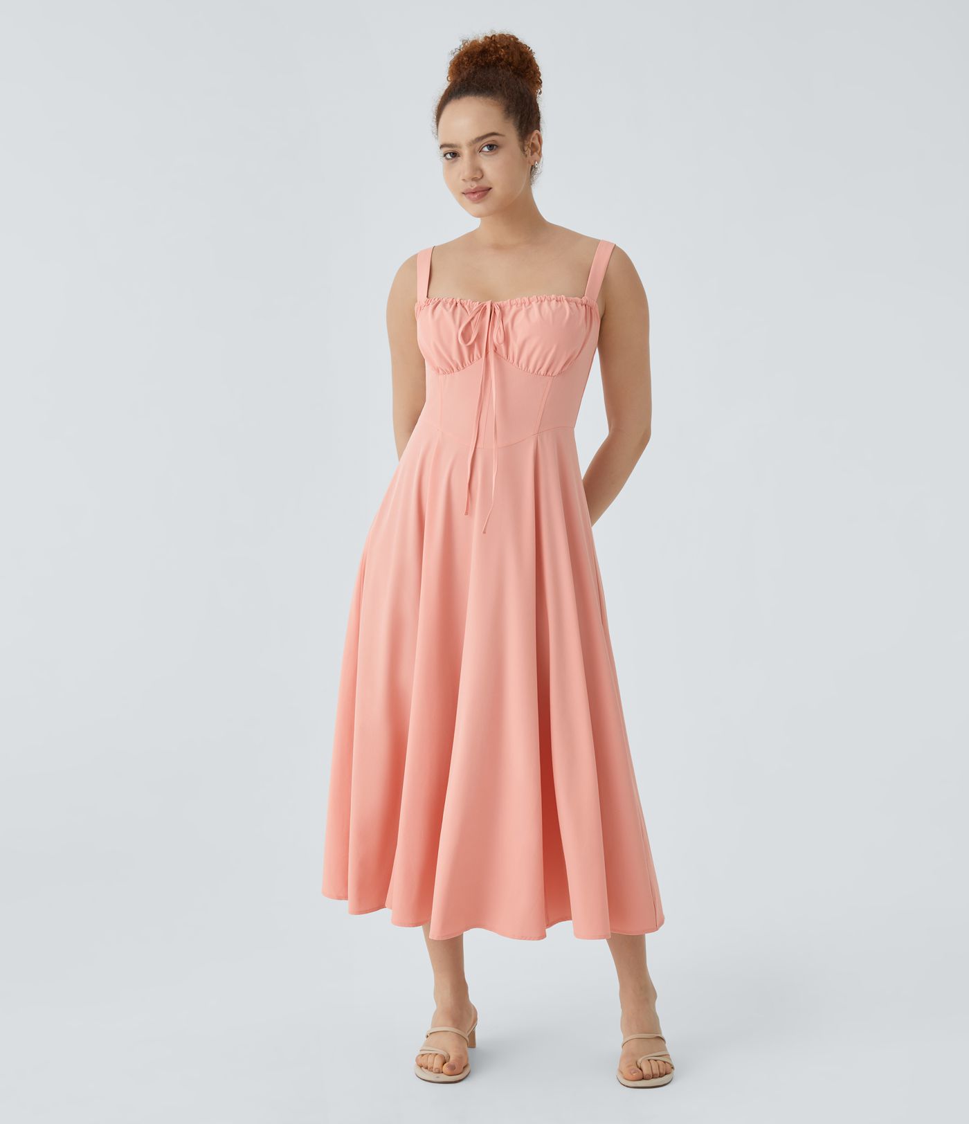 Breezeful™ Rückenfreies Midi-Resort-Kleid mit quadratischem Halsausschnitt, Bindeband vorne, unsichtbarer Reißverschluss, schnell trocknend