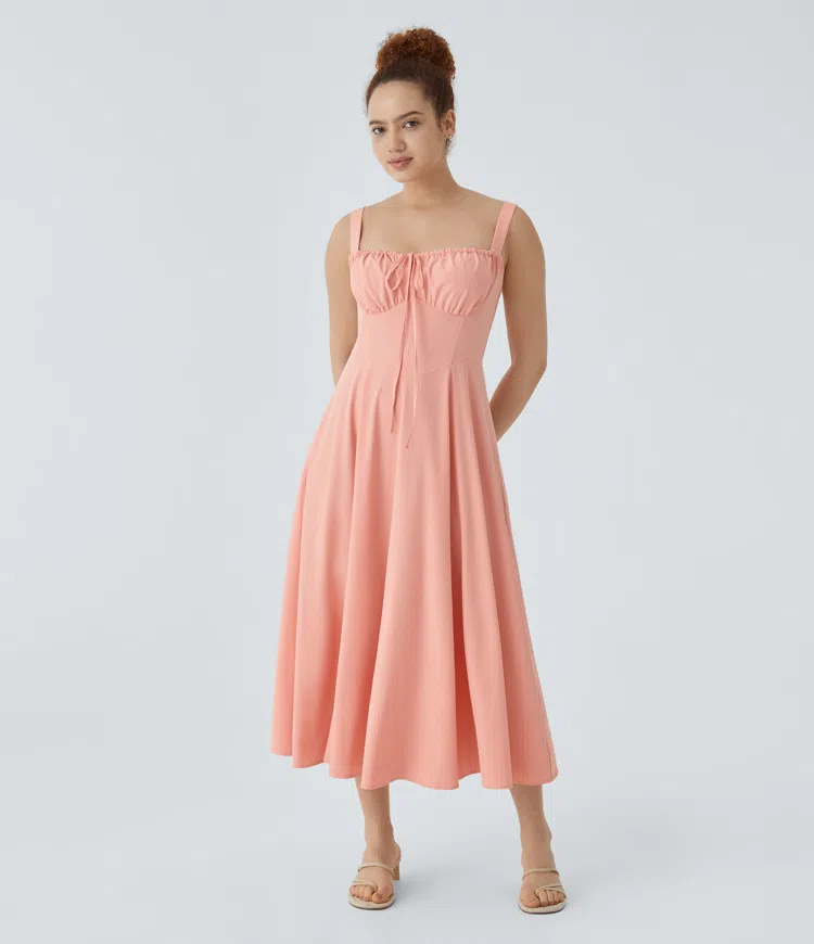 Breezeful™ Square Neck Tie Front Corset Flowy Quick Dry Midi Dress