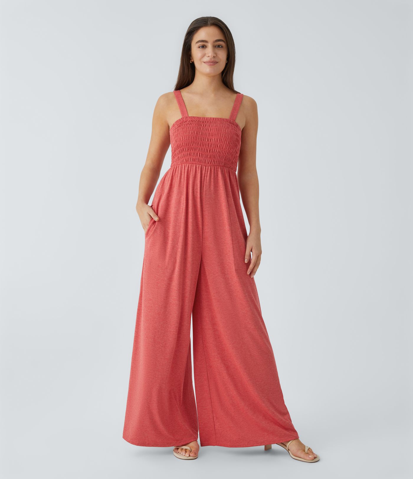 Square Neck Shirred Pocket Wide Leg Jumpsuit