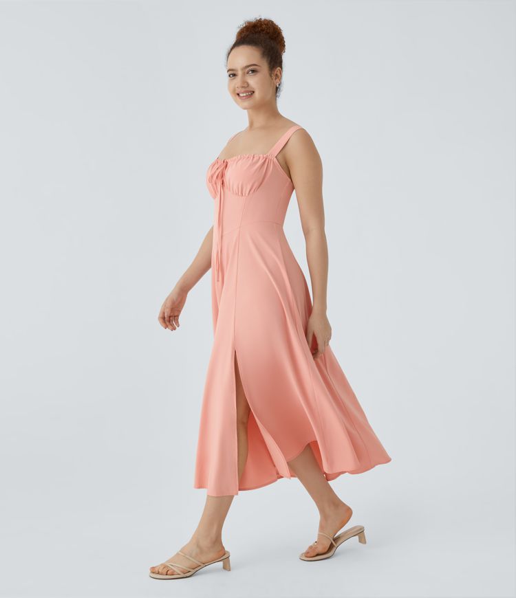 Breezeful™ Rückenfreies Midi-Resort-Kleid mit quadratischem Halsausschnitt, Bindeband vorne, unsichtbarer Reißverschluss, schnell trocknend