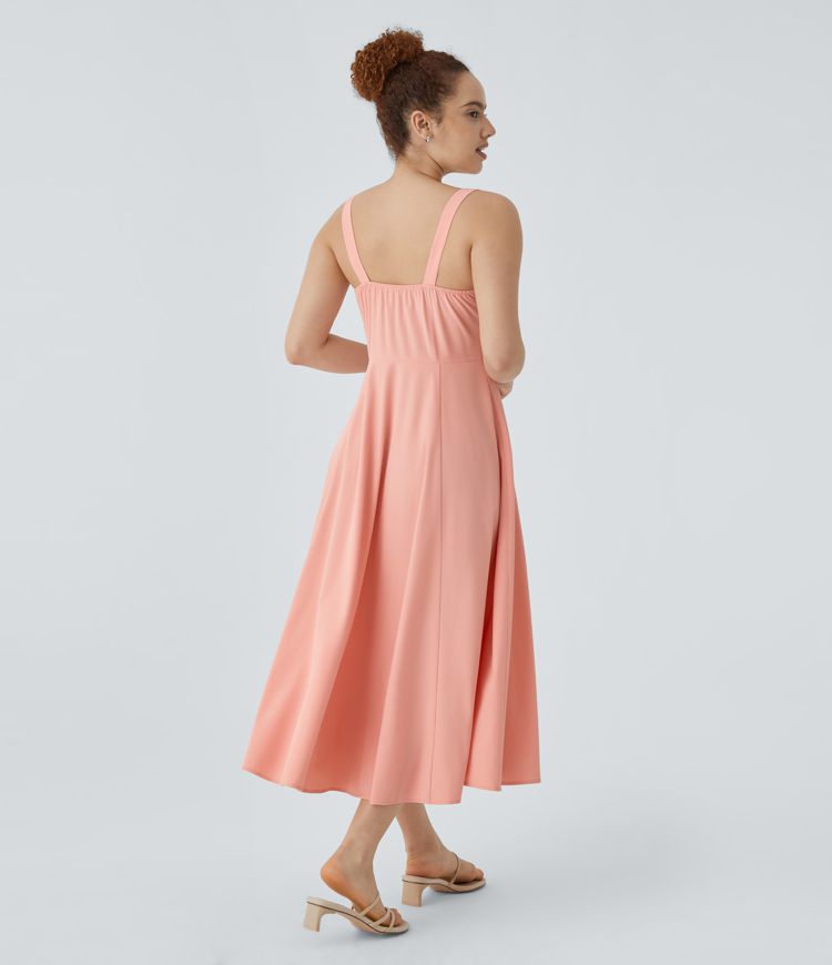 Breezeful™ Rückenfreies Midi-Resort-Kleid mit quadratischem Halsausschnitt, Bindeband vorne, unsichtbarer Reißverschluss, schnell trocknend