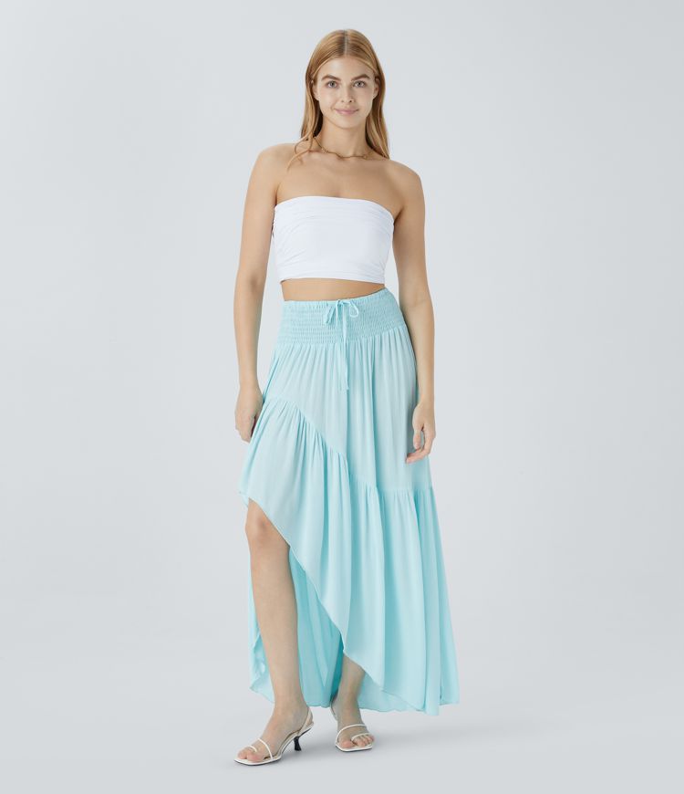 High Waisted Drawstring Shirred Draped Ruffle High Low Maxi Skirt