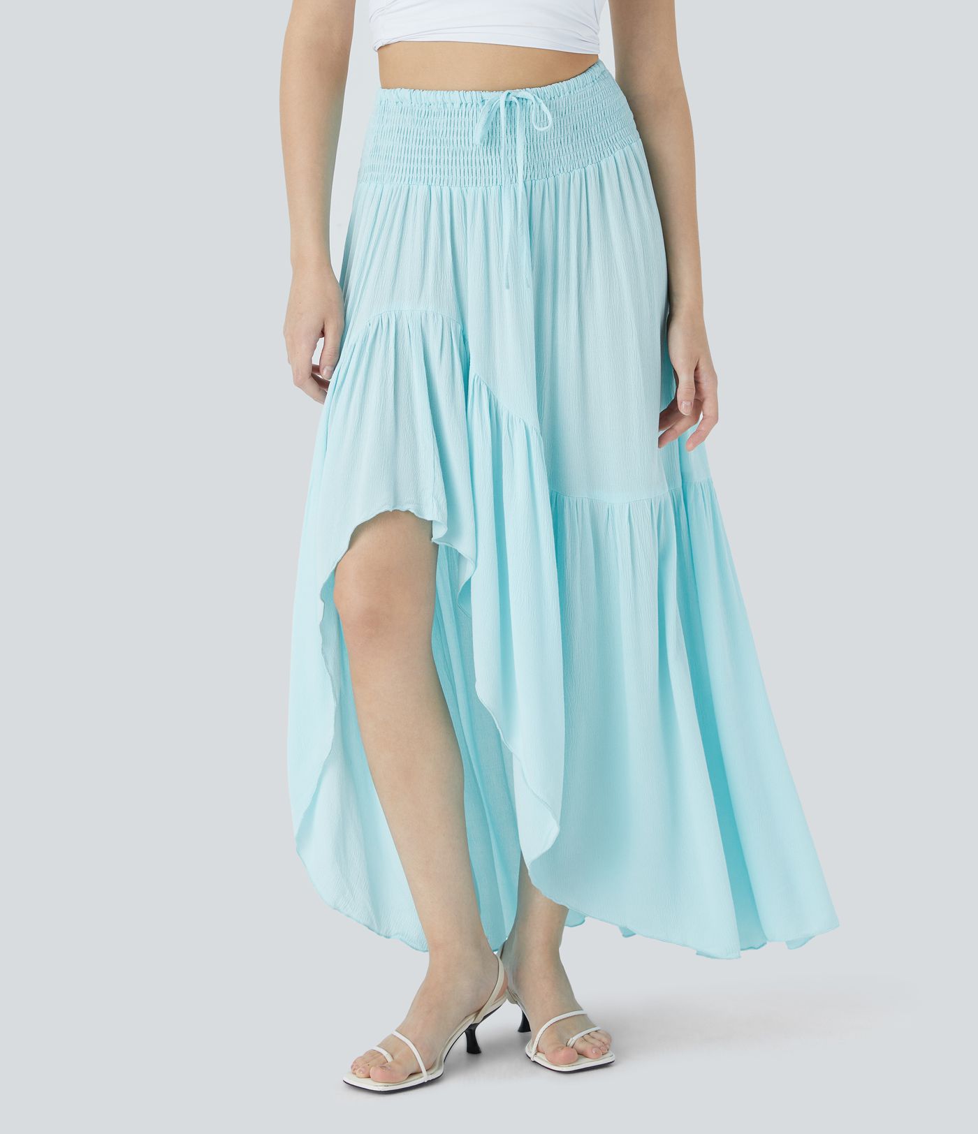 High Waisted Drawstring Shirred Draped Ruffle High Low Maxi Resort Skirt