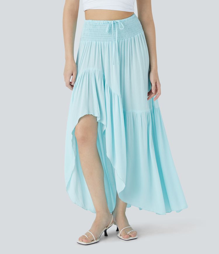 High Waisted Drawstring Shirred Draped Ruffle High Low Maxi Skirt