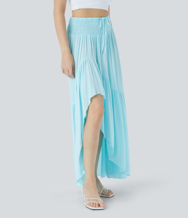 High Waisted Drawstring Shirred Draped Ruffle High Low Maxi Skirt