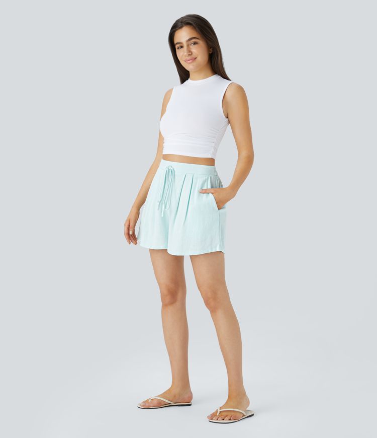 High Waisted Decorative Drawstring Side Pocket Resort Linen-Blend Shorts