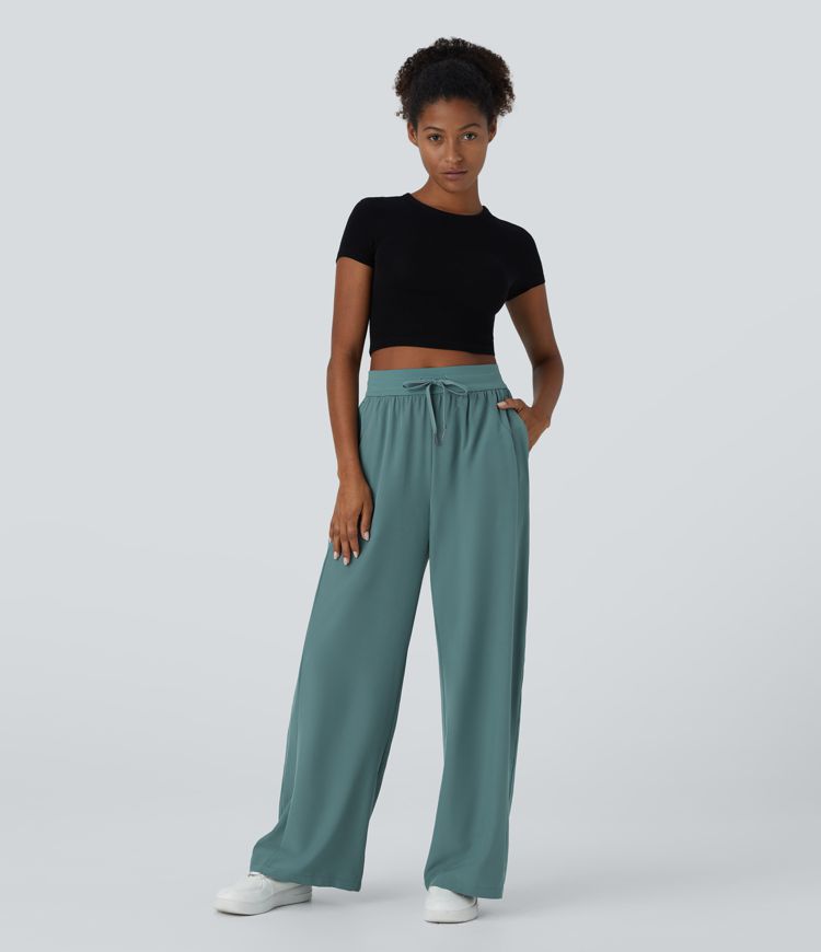 High Waisted Drawstring Pocket Wide Leg Casual Pants