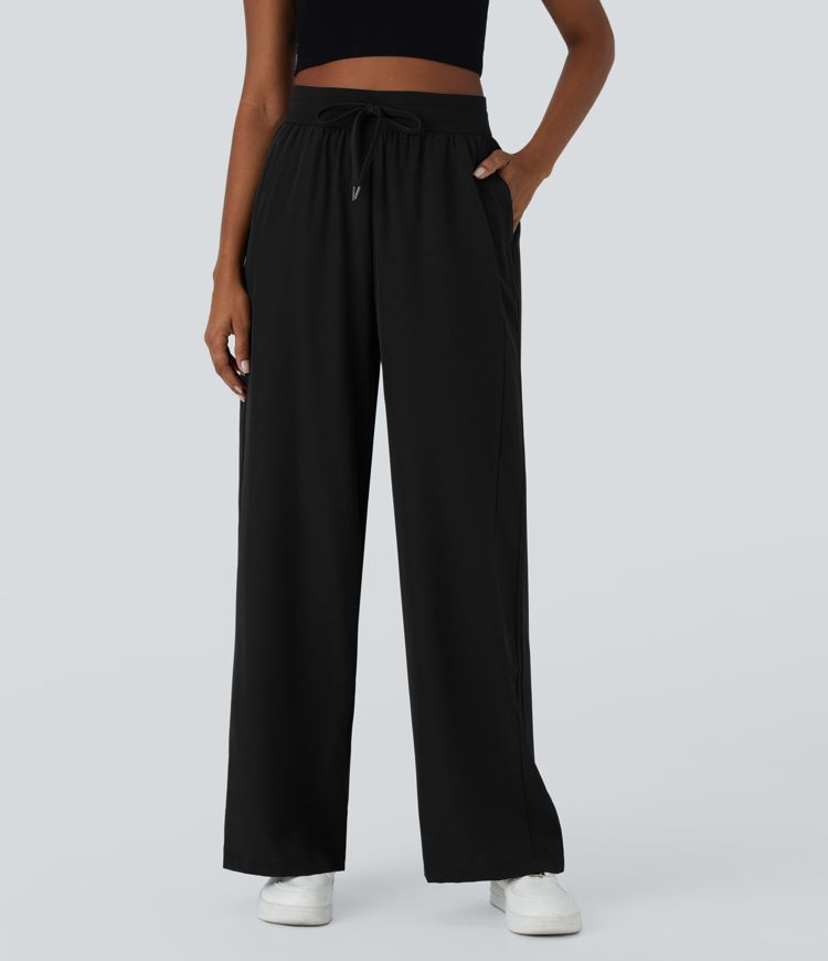 High Waisted Drawstring Pocket Wide Leg Casual Trousers
