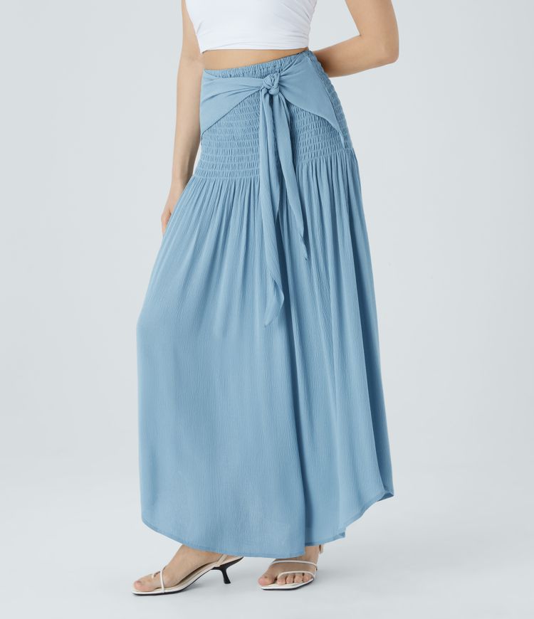High Waisted Shirred Tie Front Maxi Skirt