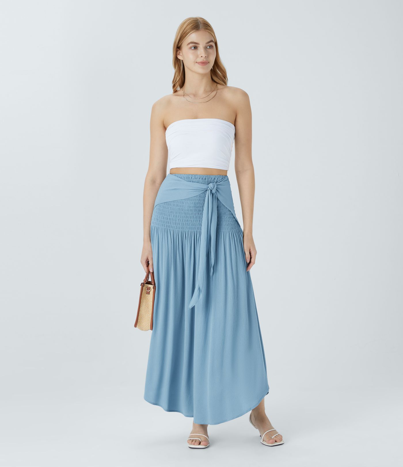 High Waisted Shirred Tie Front Maxi Skirt
