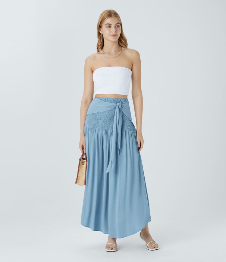 High Waisted Shirred Tie Front Maxi Skirt