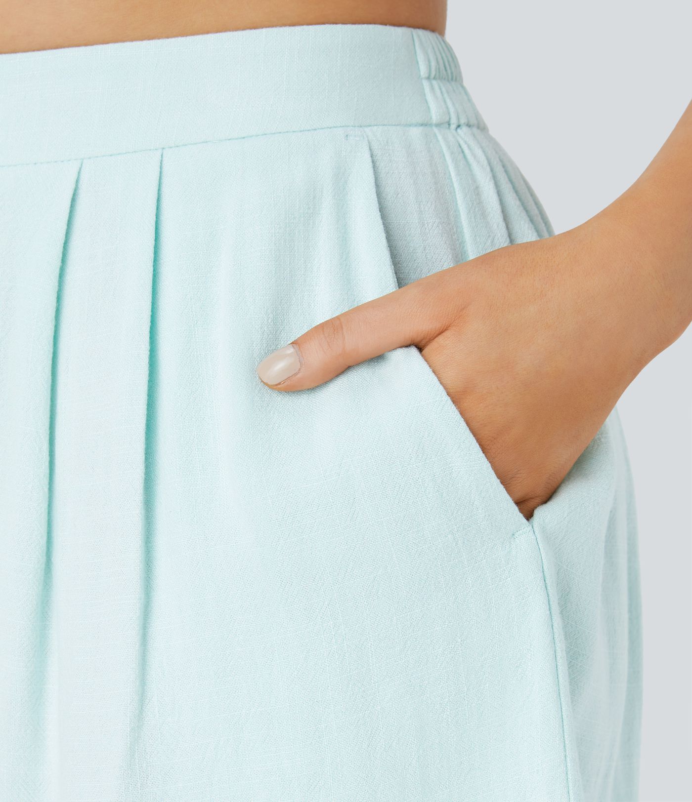 High Waisted Decorative Drawstring Side Pocket Resort Linen-Blend Shorts