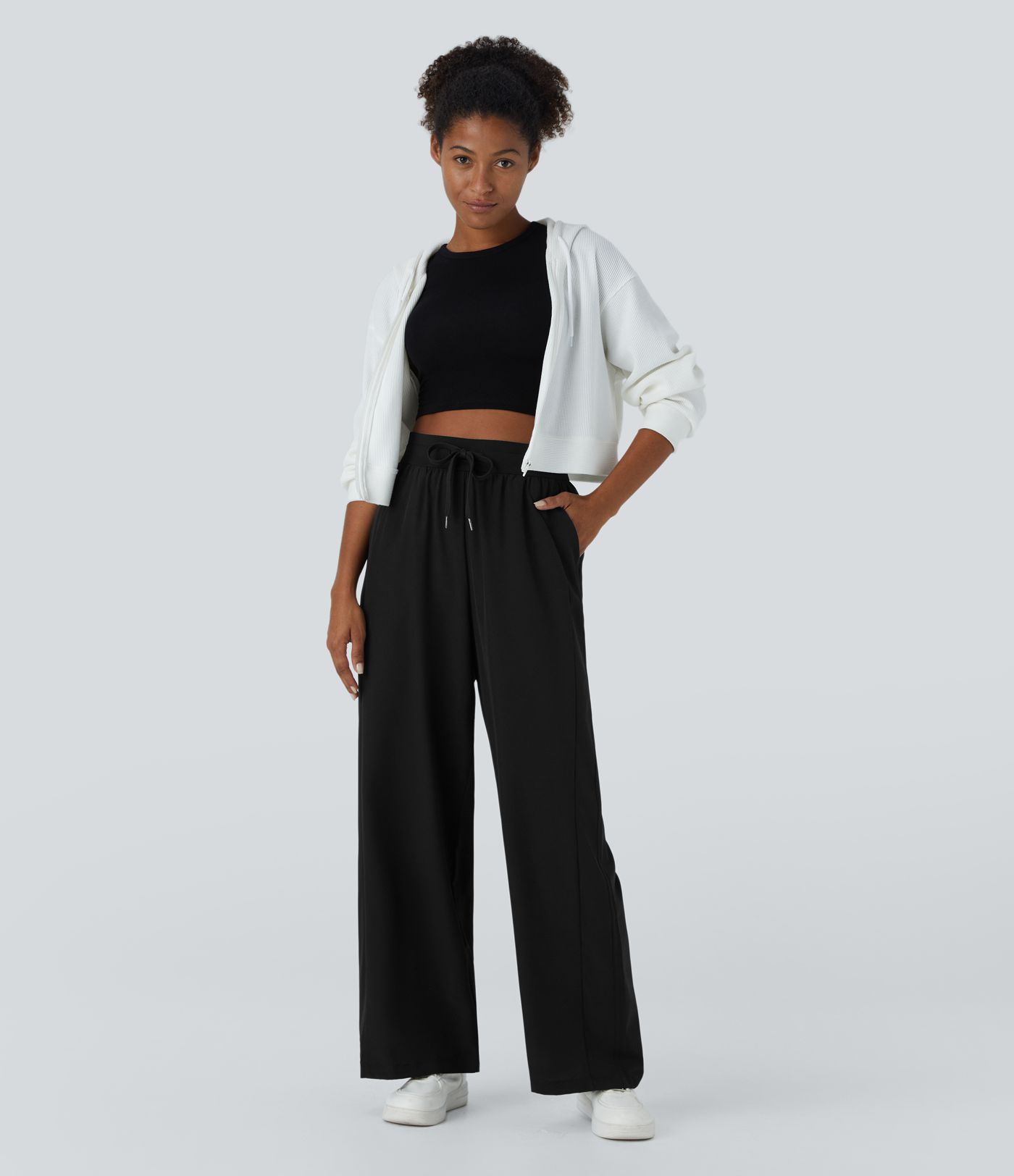 High Waisted Drawstring Pocket Wide Leg Casual Trousers