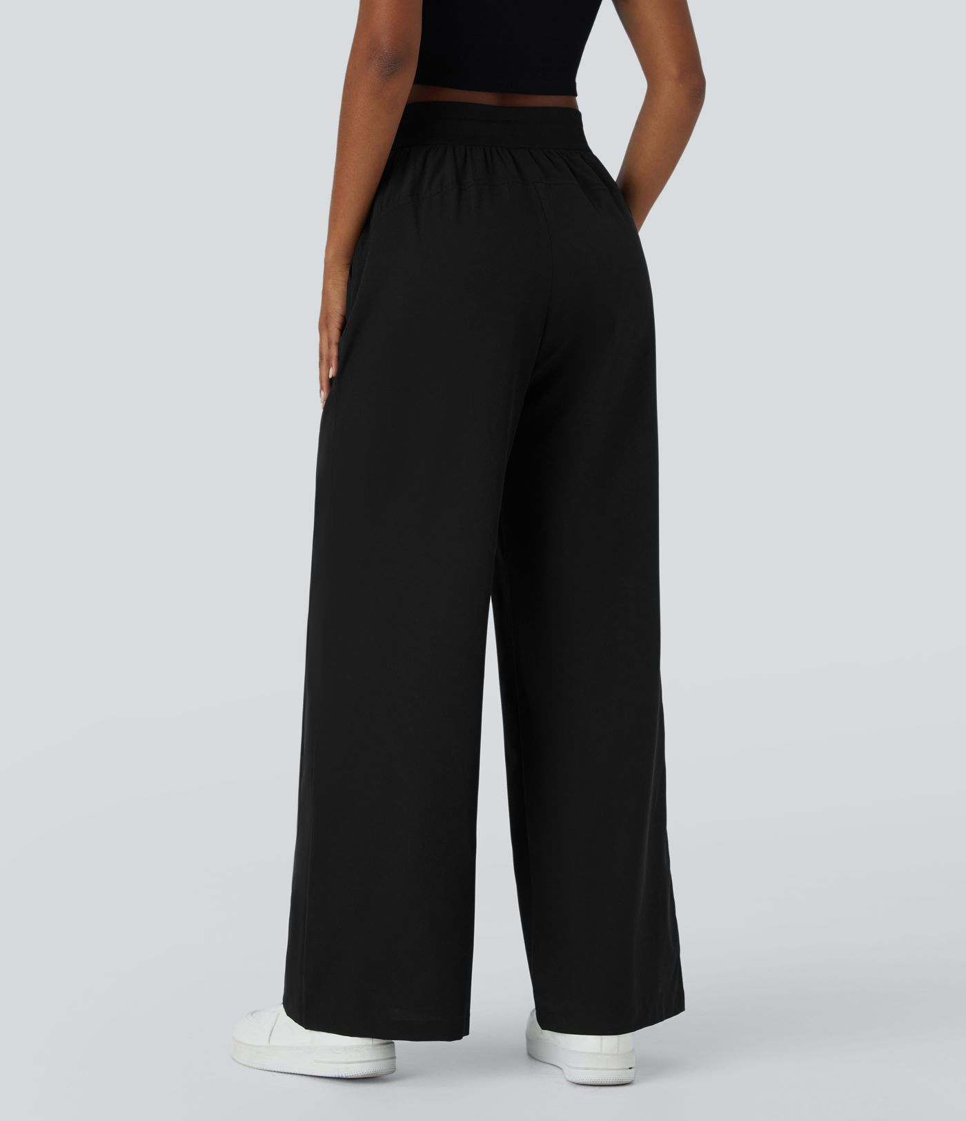 High Waisted Drawstring Pocket Wide Leg Casual Trousers