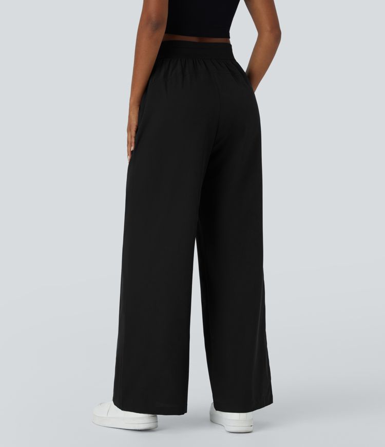 High Waisted Drawstring Pocket Wide Leg Casual Trousers