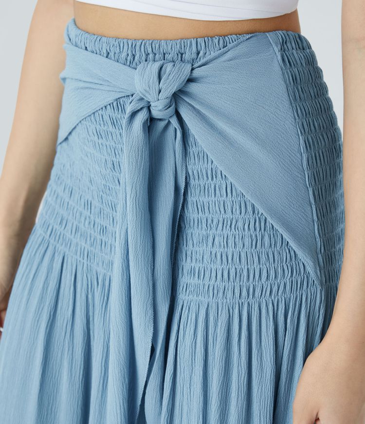 High Waisted Shirred Tie Front Maxi Skirt