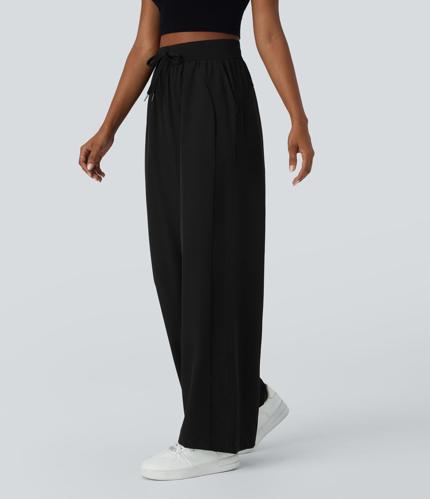 High Waisted Drawstring Pocket Wide Leg Casual Trousers