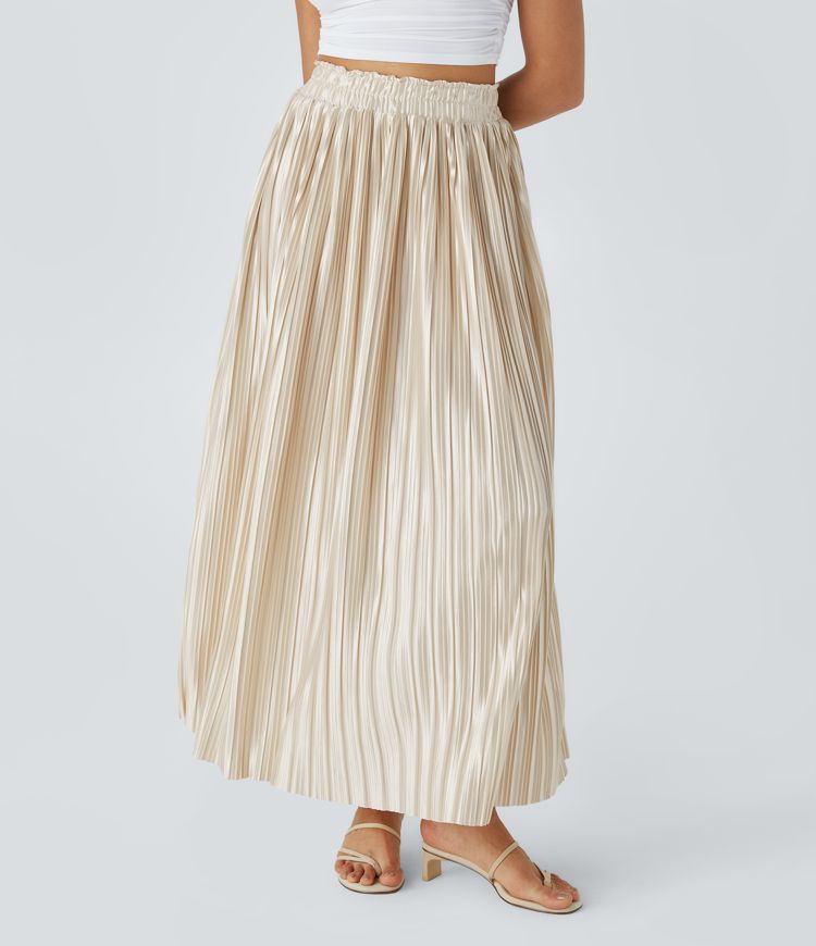 High Waisted Plisse Flowy Maxi Satin-Like Casual Skirt
