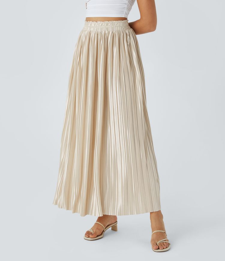 High Waisted Plisse Flowy Maxi Satin-Like Casual Skirt