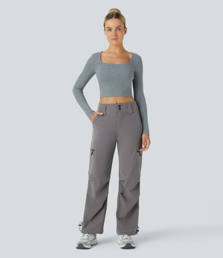 Mid Rise Button Zipper Multiple Pockets Adjustable Drawcord Casual Cargo Joggers