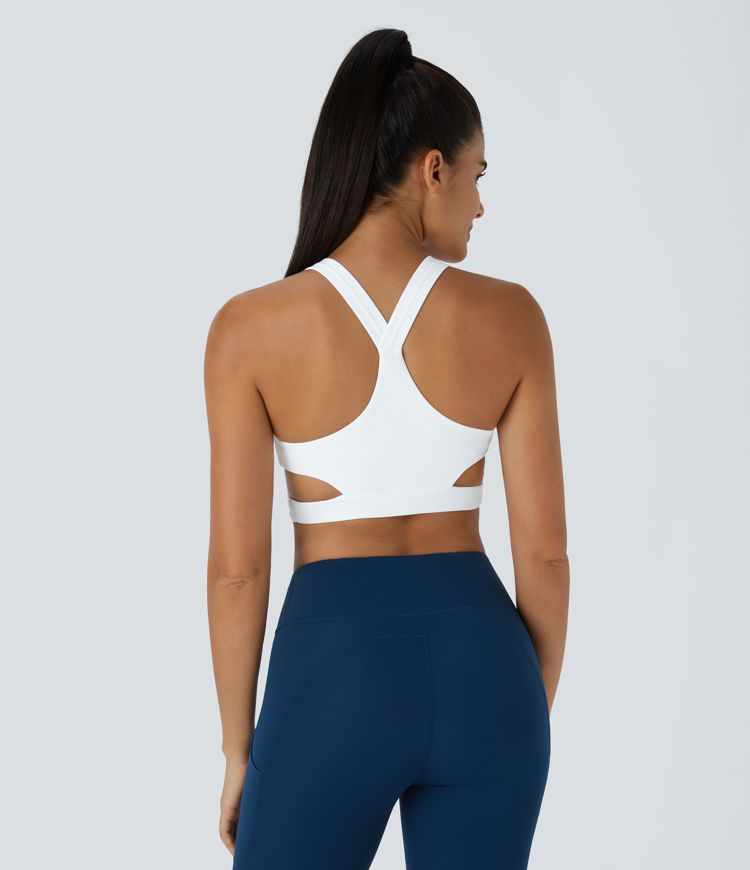 Low Support Crossover Hem Cut Out Racerback Yoga Sports Bra