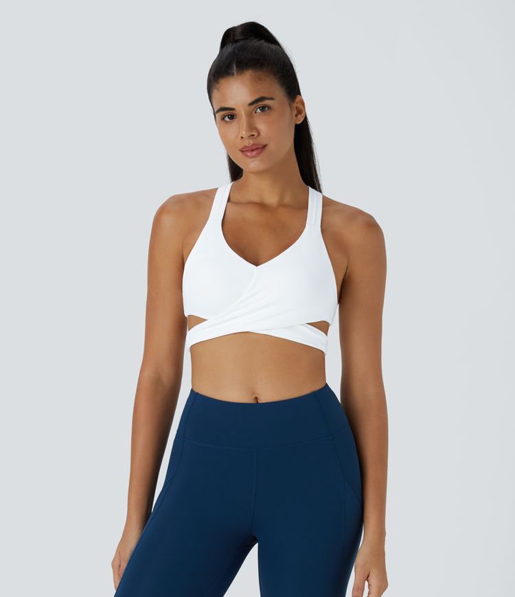 Low Support Crossover Hem Cut Out Racerback Yoga Sports Bra