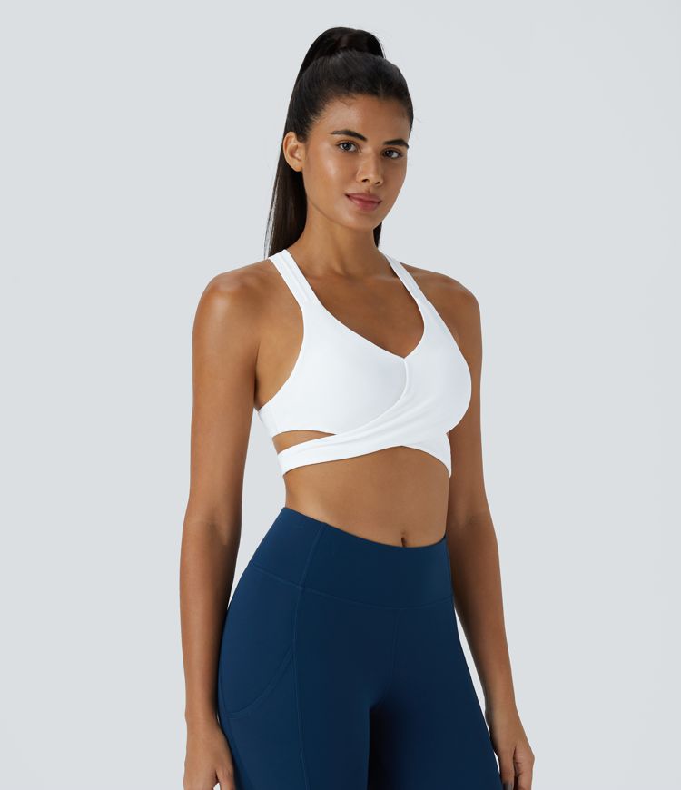 Low Support Crossover Hem Cut Out Racerback Yoga Sports Bra