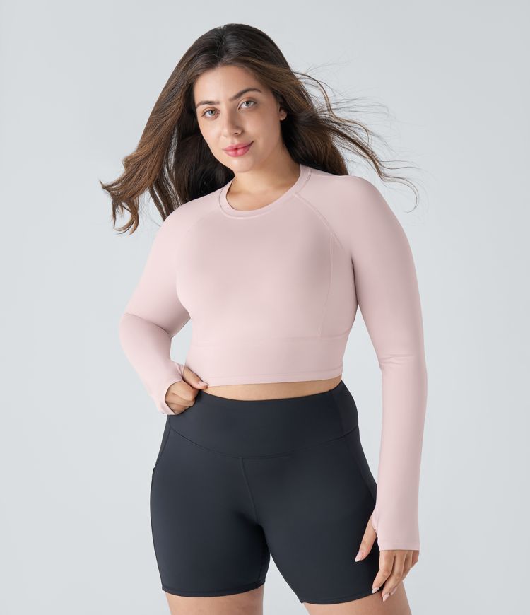 Solid Thumb Hole Cropped Yoga Plus Size Sports Top