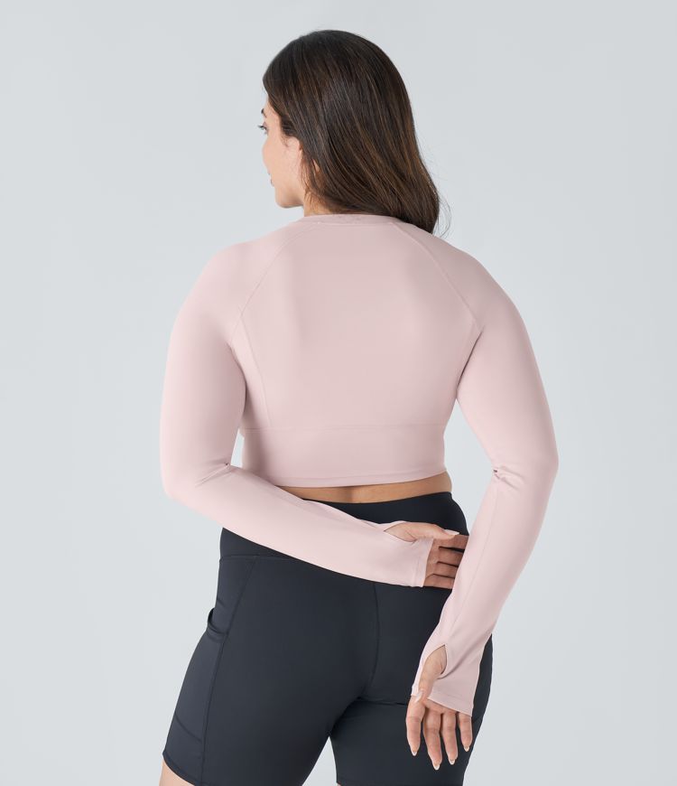 Solid Thumb Hole Cropped Yoga Plus Size Sports Top