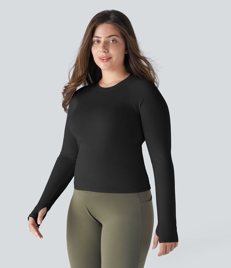 Solid Thumb Hole Yoga Plus Size Sports Top