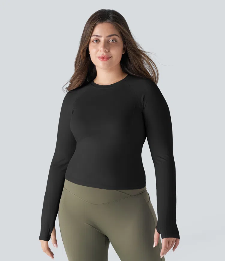 Plus Size Thumbhole Yoga Sports Top Solid