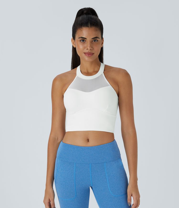 Softlyzero™ Airy Low Support Halter Neck Contrast Mesh Backless Twisted Cool Touch Sports Bra-UPF50+