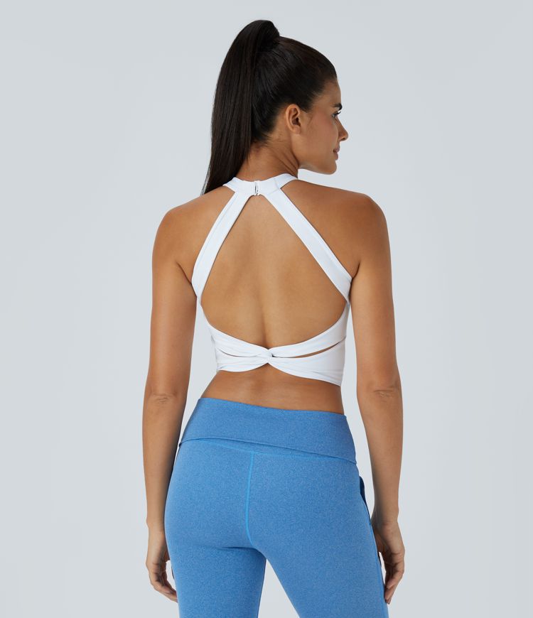 Softlyzero™ Airy Low Support Halter Neck Contrast Mesh Backless Twisted Cool Touch Sports Bra-UPF50+